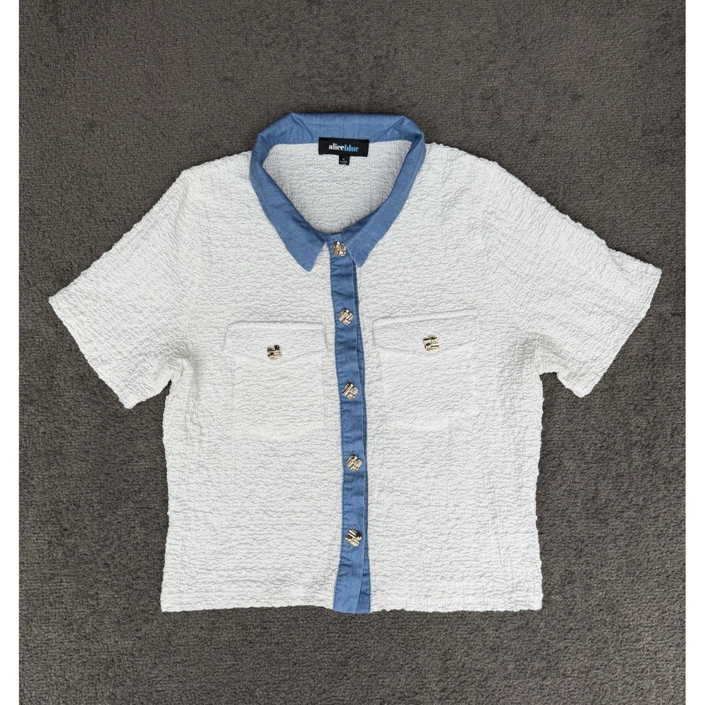Alice Blue White Popcorn Textured Button Up Top Blue Denim Collar XL T171464